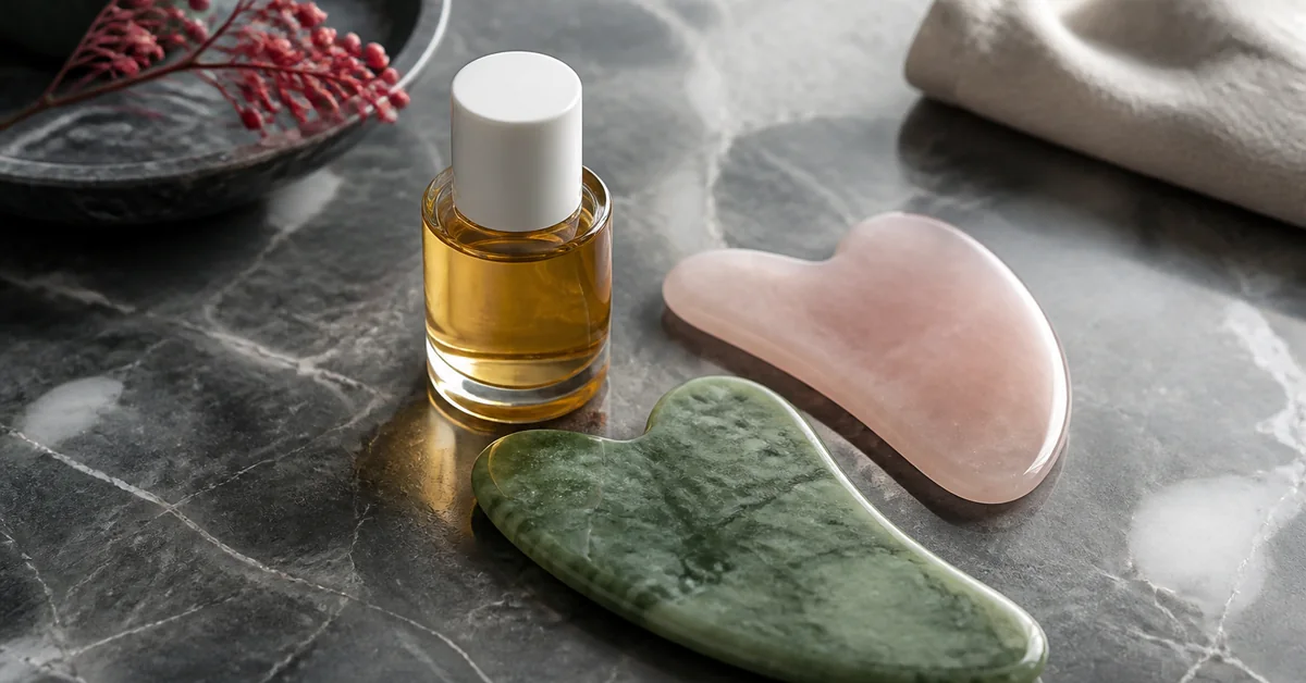 Gua-Sha-Steine aus Jade und Rosenquarz neben einem Fläschchen Gesichtsöl auf hellem Marmor, Nahaufnahme bei weichem Licht
