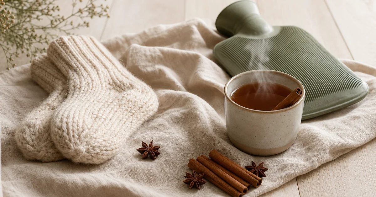 Nackte Füsse in dicken Wollsocken auf einem Holzboden, daneben eine dampfende Tasse Ingwertee, eine Wärmflasche und frische Ingwerscheiben