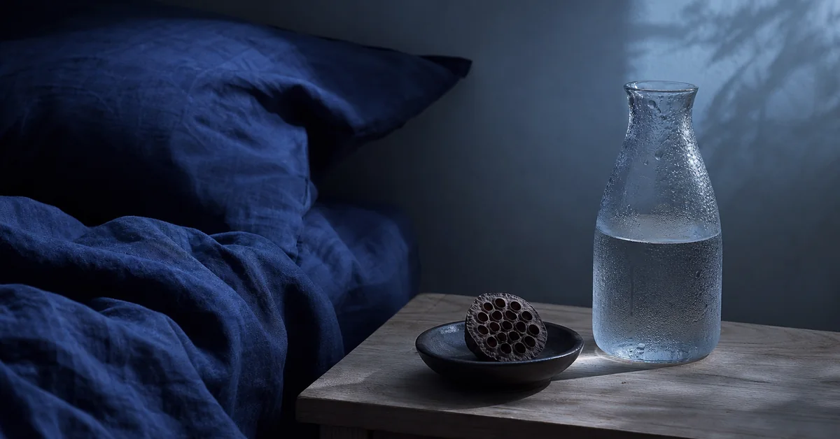 Zerknülltes weisses Bettlaken mit tiefen Falten im blaugrauen Morgenlicht, daneben ein Glas Wasser auf dem Nachttisch