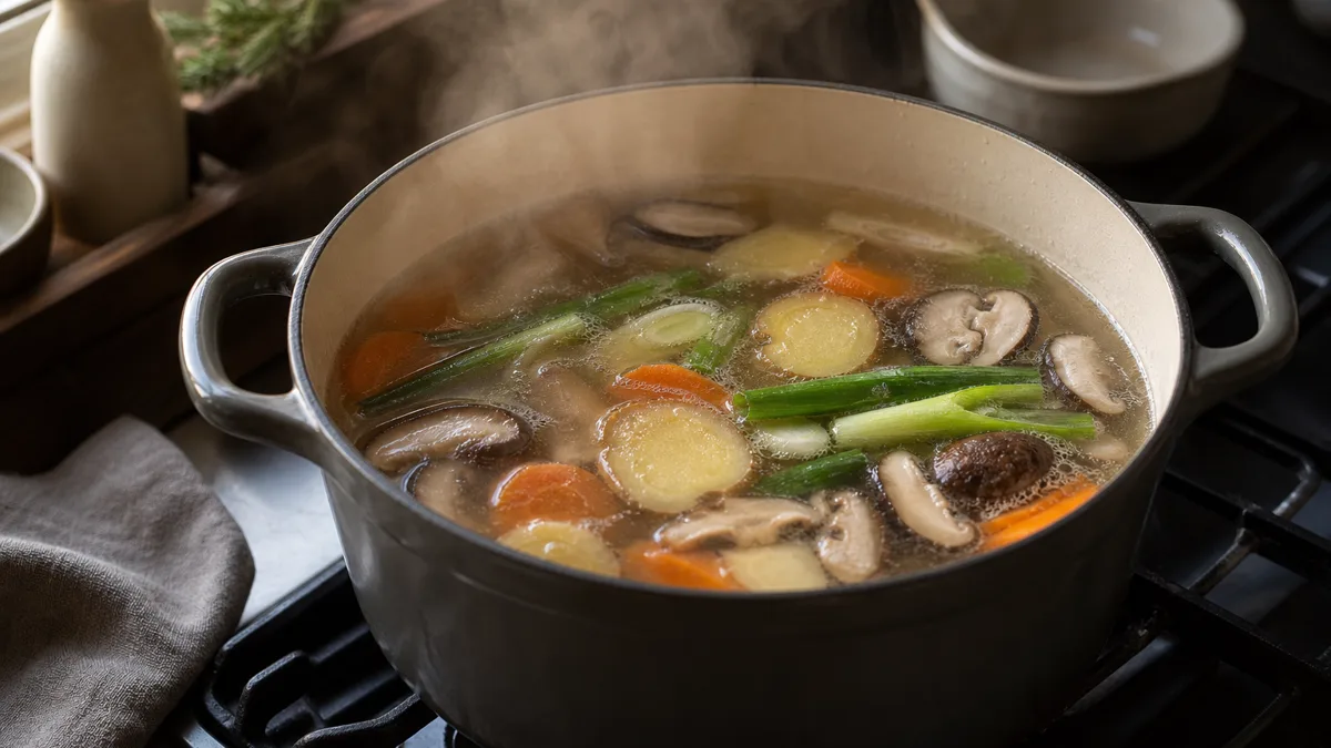 Dampfende Schale klare Kraftsuppe mit Ingwer, Frühlingszwiebeln und Pilzen auf einem hellen Holztisch, daneben ein Wollschal und eine Tasse Ingwertee am Fenster mit winterlichem Licht
